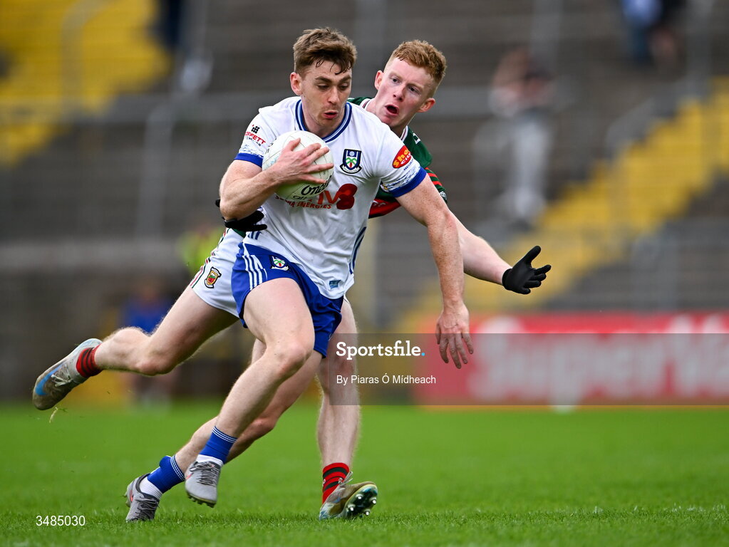 31 May 2026; Míchéal Bannigan of Monaghan in action against David McBrien of Mayo during the GAA Football All-Ireland Senior Championship Round 1 match between Monaghan and Mayo at St Tiernach's Park in Clones, Monaghan. Photo by Piaras Ó Mídheach/Sportsfile