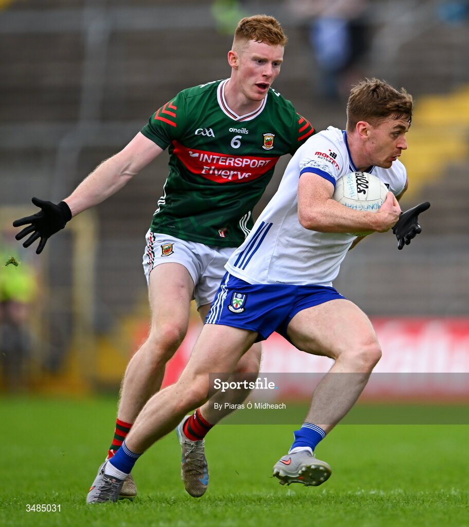 31 May 2026; Míchéal Bannigan of Monaghan in action against David McBrien of Mayo during the GAA Football All-Ireland Senior Championship Round 1 match between Monaghan and Mayo at St Tiernach's Park in Clones, Monaghan. Photo by Piaras Ó Mídheach/Sportsfile