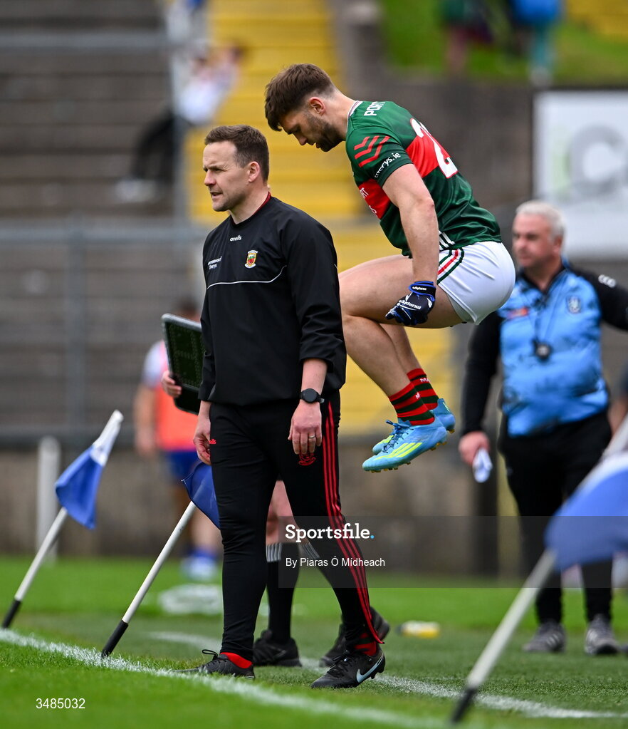 31 May 2026; Aidan O'Shea of Mayo prepares to come on as a substitute, to become the first outfield footballer to play in 100 championship matches for their county in the history of the GAA, during the GAA Football All-Ireland Senior Championship Round 1 match between Monaghan and Mayo at St Tiernach's Park in Clones, Monaghan, Photo by Piaras Ó Mídheach/Sportsfile