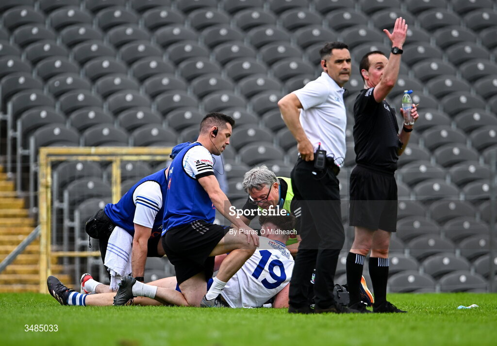 31 May 2026; Bobby McCaul of Monaghan receives medical attention for an injury during the GAA Football All-Ireland Senior Championship Round 1 match between Monaghan and Mayo at St Tiernach's Park in Clones, Monaghan. Photo by Piaras Ó Mídheach/Sportsfile