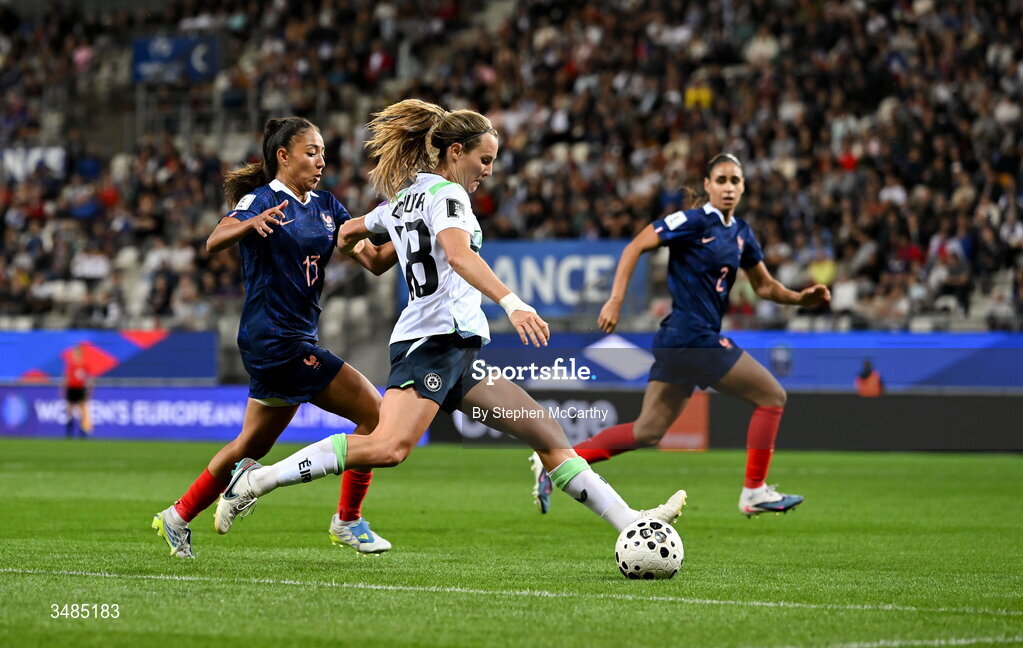9 June 2026; Kyra Carusa of Republic of Ireland in action against Selma Bacha of France during the 2027 FIFA Women’s World Cup Qualifier match between France and Republic of Ireland at Stade des Alpes in Grenoble, France. Photo by Stephen McCarthy/Sportsfile