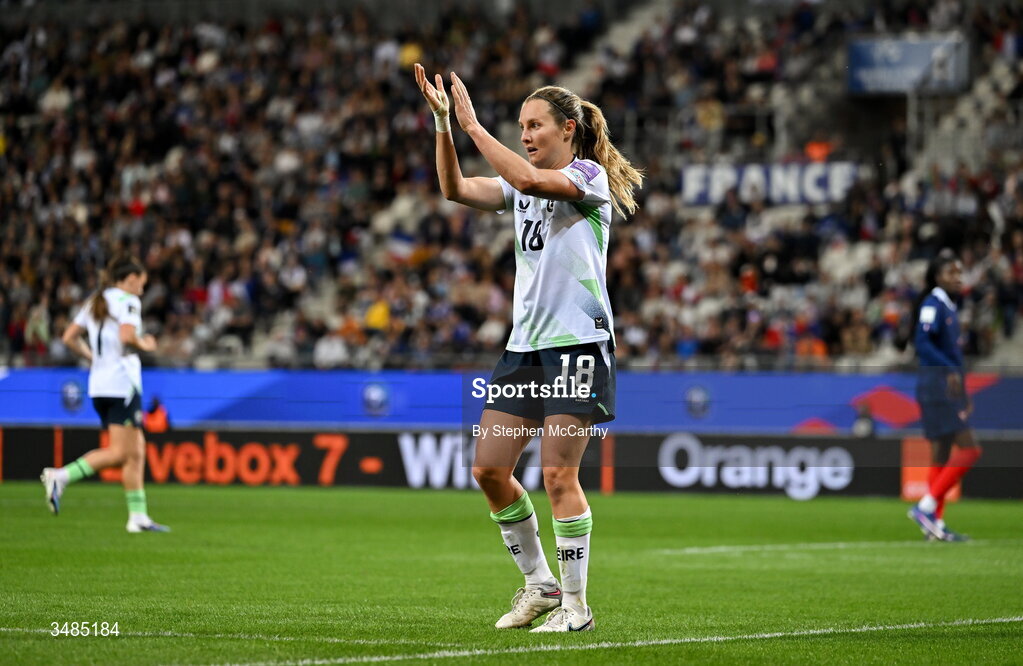 9 June 2026; Kyra Carusa of Republic of Ireland during the 2027 FIFA Women’s World Cup Qualifier match between France and Republic of Ireland at Stade des Alpes in Grenoble, France. Photo by Stephen McCarthy/Sportsfile