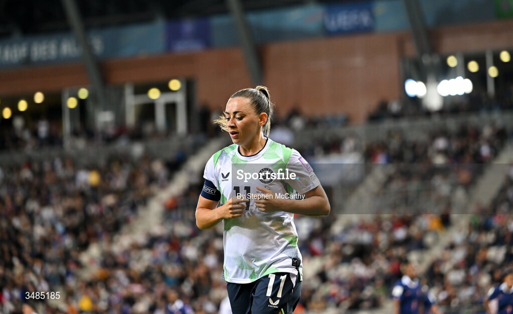 9 June 2026; Katie McCabe of Republic of Ireland during the 2027 FIFA Women’s World Cup Qualifier match between France and Republic of Ireland at Stade des Alpes in Grenoble, France. Photo by Stephen McCarthy/Sportsfile