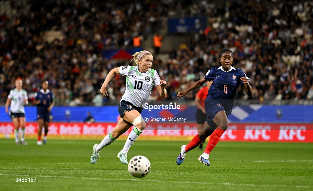 9 June 2026; Denise O’Sullivan of Republic of Ireland in action against Oriane Jean-Francois of France during the 2027 FIFA Women’s World Cup Qualifier match between France and Republic of Ireland at Stade des Alpes in Grenoble, France. Photo by Stephen McCarthy/Sportsfile