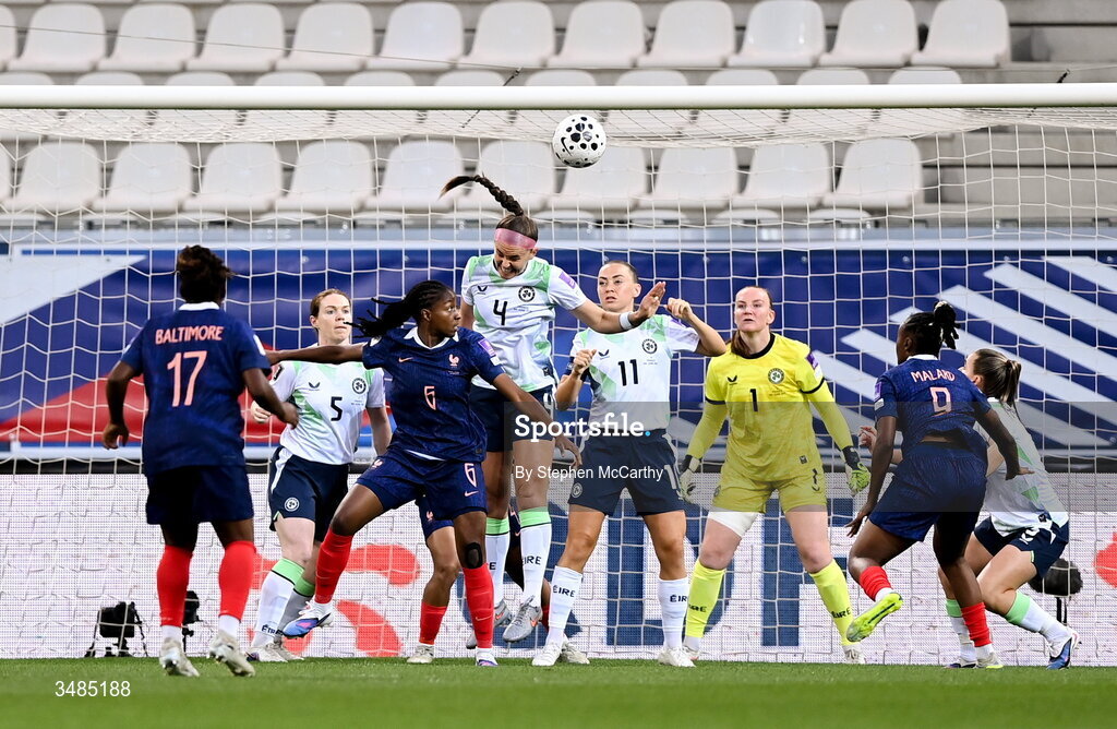 9 June 2026; Caitlin Hayes of Republic of Ireland heads the ball clear during the 2027 FIFA Women’s World Cup Qualifier match between France and Republic of Ireland at Stade des Alpes in Grenoble, France. Photo by Stephen McCarthy/Sportsfile