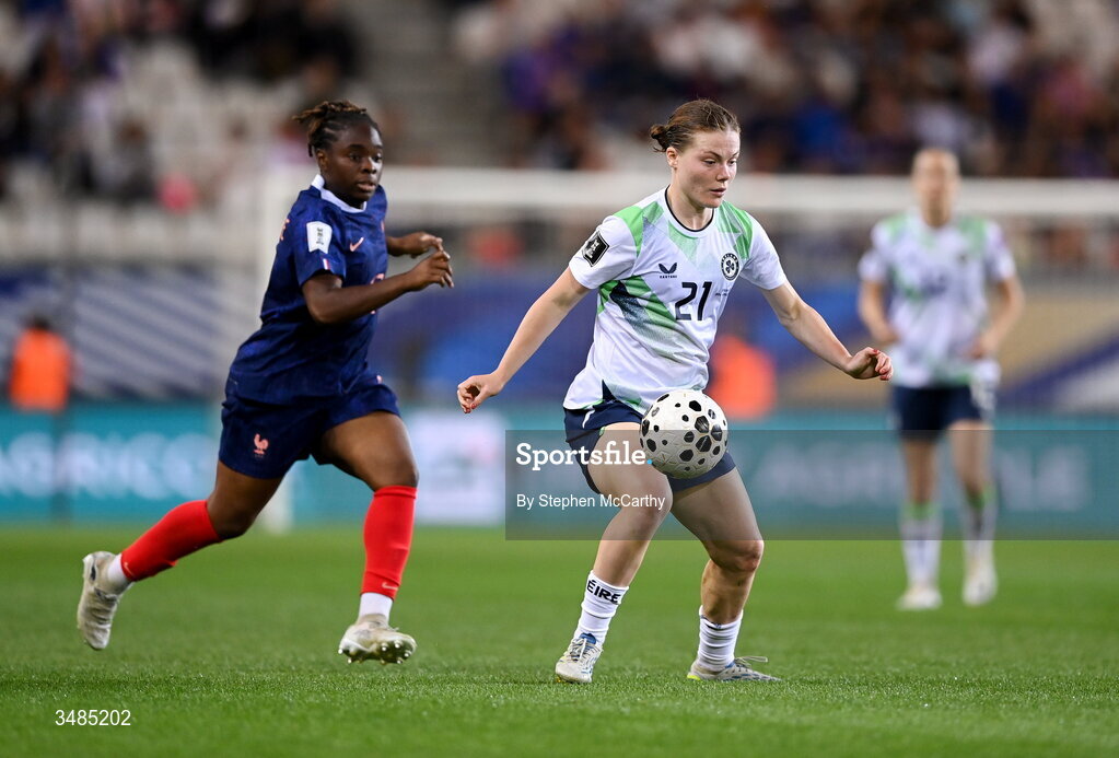 9 June 2026; Emily Murphy of Republic of Ireland in action against Sandy Baltimore of France during the 2027 FIFA Women’s World Cup Qualifier match between France and Republic of Ireland at Stade des Alpes in Grenoble, France. Photo by Stephen McCarthy/Sportsfile