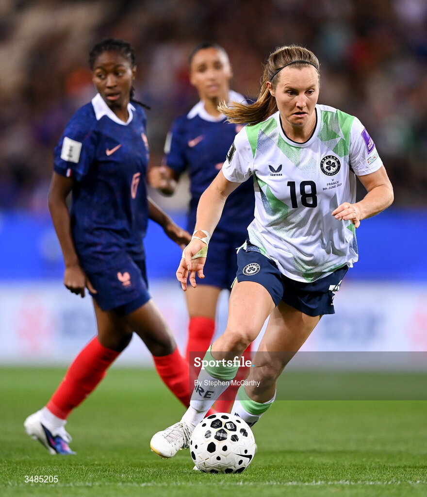 9 June 2026; Kyra Carusa of Republic of Ireland during the 2027 FIFA Women’s World Cup Qualifier match between France and Republic of Ireland at Stade des Alpes in Grenoble, France. Photo by Stephen McCarthy/Sportsfile