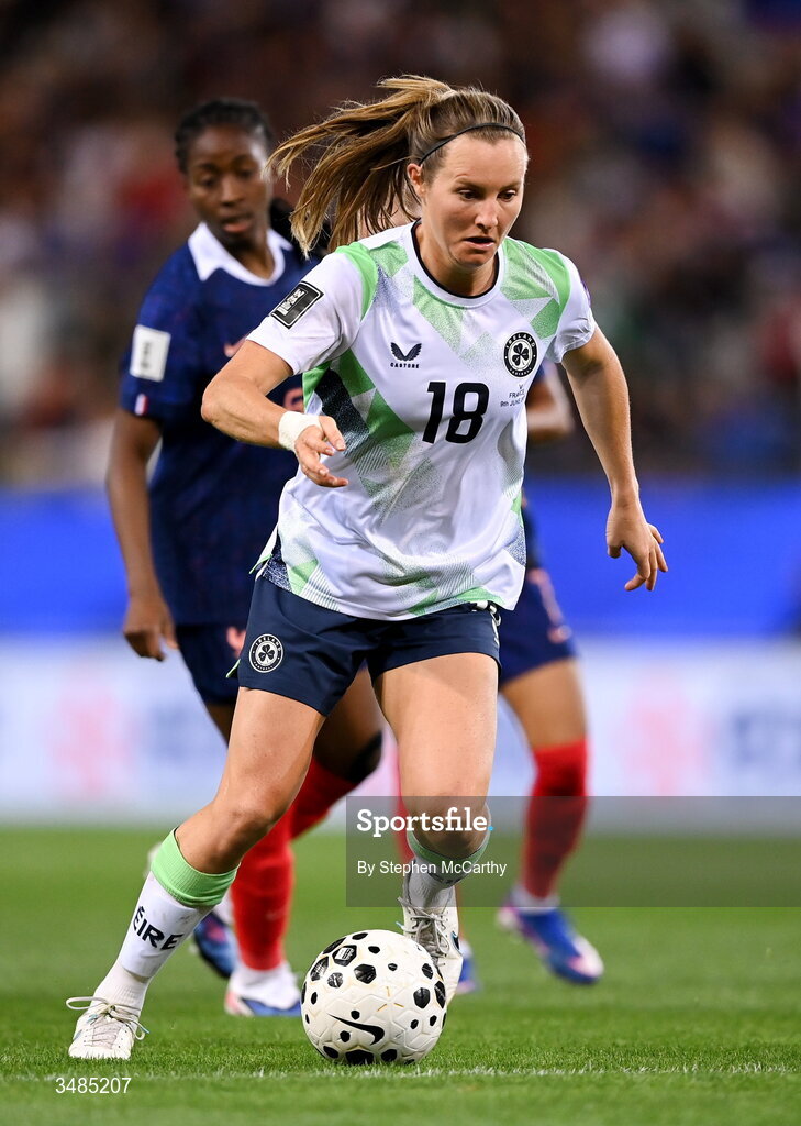 9 June 2026; Kyra Carusa of Republic of Ireland during the 2027 FIFA Women’s World Cup Qualifier match between France and Republic of Ireland at Stade des Alpes in Grenoble, France. Photo by Stephen McCarthy/Sportsfile