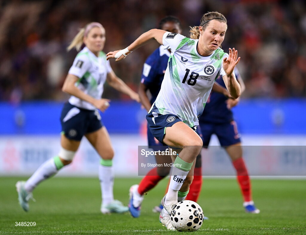 9 June 2026; Kyra Carusa of Republic of Ireland during the 2027 FIFA Women’s World Cup Qualifier match between France and Republic of Ireland at Stade des Alpes in Grenoble, France. Photo by Stephen McCarthy/Sportsfile