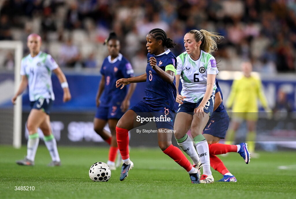 9 June 2026; Grace Geyoro of France in action against Megan Connolly of Republic of Ireland during the 2027 FIFA Women’s World Cup Qualifier match between France and Republic of Ireland at Stade des Alpes in Grenoble, France. Photo by Stephen McCarthy/Sportsfile