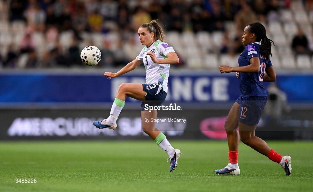 9 June 2026; Chloe Mustaki of Republic of Ireland in action against Marie-Antoinette Katoto of France during the 2027 FIFA Women’s World Cup Qualifier match between France and Republic of Ireland at Stade des Alpes in Grenoble, France. Photo by Stephen McCarthy/Sportsfile