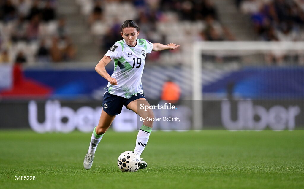 9 June 2026; Abbie Larkin of Republic of Ireland during the 2027 FIFA Women’s World Cup Qualifier match between France and Republic of Ireland at Stade des Alpes in Grenoble, France. Photo by Stephen McCarthy/Sportsfile