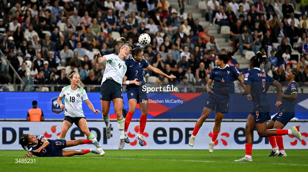 9 June 2026; Caitlin Hayes of Republic of Ireland in action against Maelle Lakrar of France during the 2027 FIFA Women’s World Cup Qualifier match between France and Republic of Ireland at Stade des Alpes in Grenoble, France.  Photo by Stephen McCarthy/Sportsfile