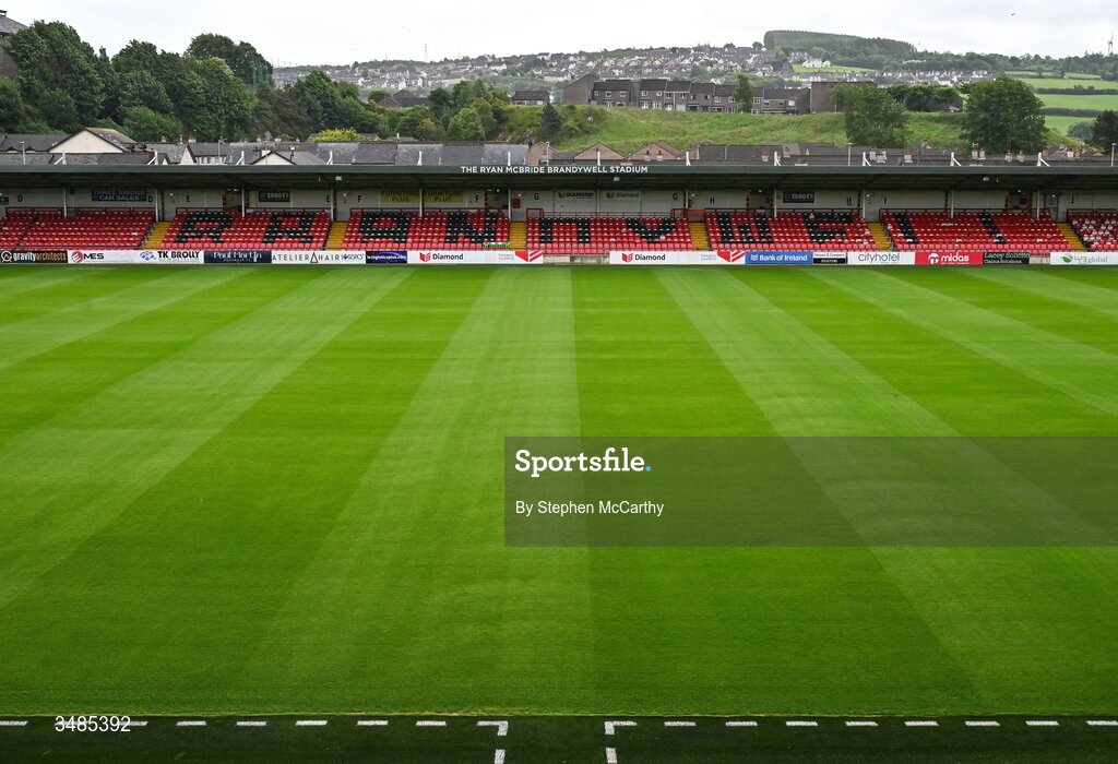 12 June 2026; A general view of the newly laid hybrid pitch of The Ryan McBride Brandywell Stadium ahead of the SSE Airtricity Men’s Premier Division match between Derry City and Bohemians at Derry City's temporary home Find Insurance Celtic Park in Derry. Photo by Stephen McCarthy/Sportsfile
