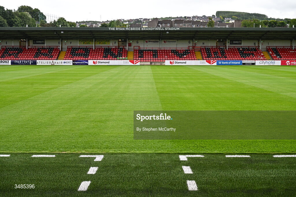 12 June 2026; A general view of the newly laid hybrid pitch of The Ryan McBride Brandywell Stadium ahead of the SSE Airtricity Men’s Premier Division match between Derry City and Bohemians at Derry City's temporary home Find Insurance Celtic Park in Derry. Photo by Stephen McCarthy/Sportsfile