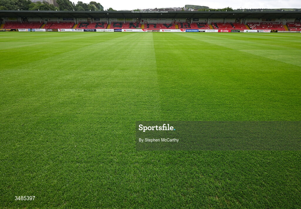 12 June 2026; A general view of the newly laid hybrid pitch of The Ryan McBride Brandywell Stadium ahead of the SSE Airtricity Men’s Premier Division match between Derry City and Bohemians at Derry City's temporary home Find Insurance Celtic Park in Derry. Photo by Stephen McCarthy/Sportsfile