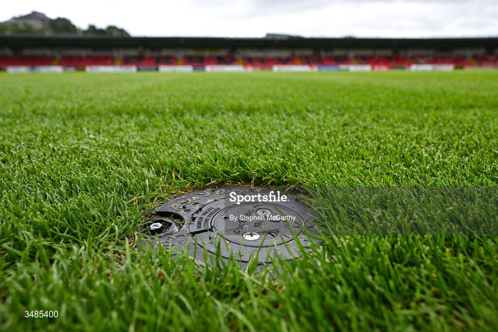 12 June 2026; A general view of the newly laid hybrid pitch of The Ryan McBride Brandywell Stadium ahead of the SSE Airtricity Men’s Premier Division match between Derry City and Bohemians at Derry City's temporary home Find Insurance Celtic Park in Derry. Photo by Stephen McCarthy/Sportsfile