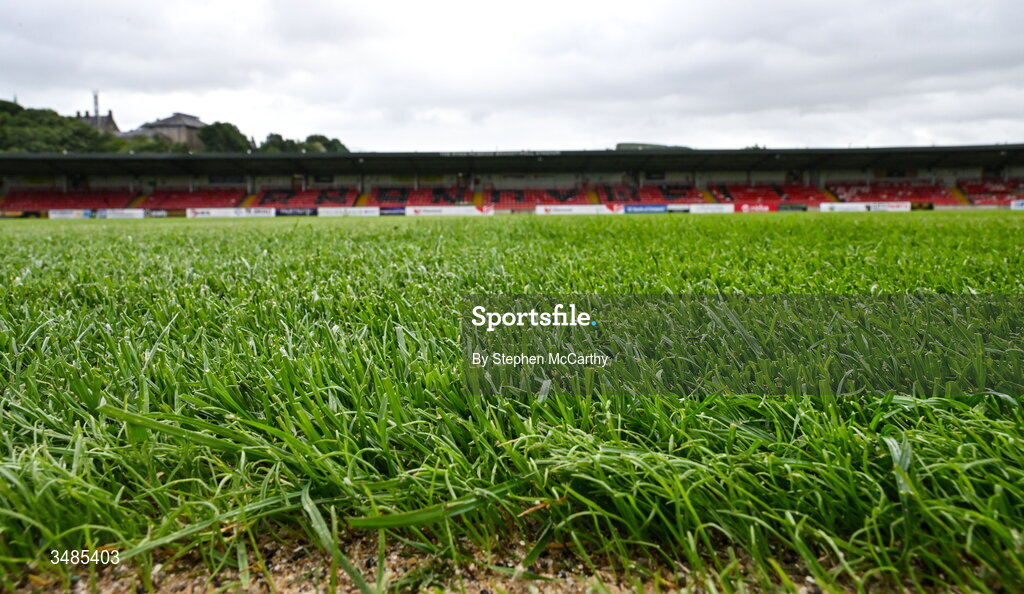 12 June 2026; A general view of the newly laid hybrid pitch of The Ryan McBride Brandywell Stadium ahead of the SSE Airtricity Men’s Premier Division match between Derry City and Bohemians at Derry City's temporary home Find Insurance Celtic Park in Derry. Photo by Stephen McCarthy/Sportsfile