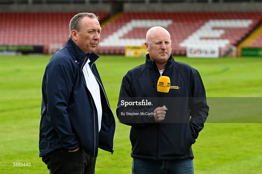 12 June 2026; Eric White, right, and Liam Coyle record a piece to camera for BBC Sport NI before the SSE Airtricity Men’s Premier Division match between Derry City and Bohemians at Find Insurance Celtic Park in Derry. Photo by Stephen McCarthy/Sportsfile