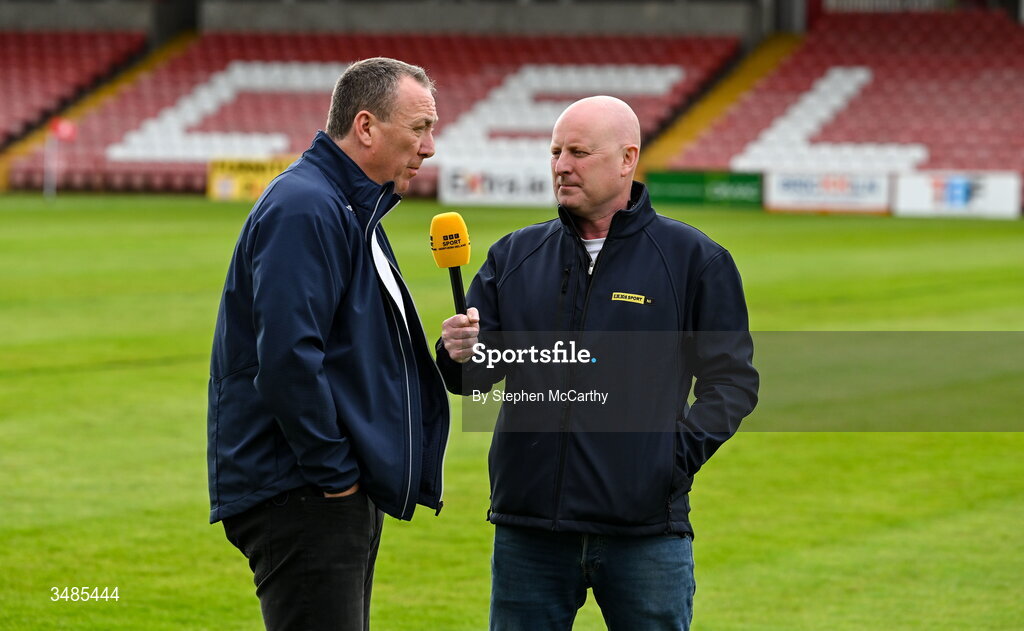 12 June 2026; Eric White, right, and Liam Coyle record a piece to camera for BBC Sport NI before the SSE Airtricity Men’s Premier Division match between Derry City and Bohemians at Find Insurance Celtic Park in Derry. Photo by Stephen McCarthy/Sportsfile
