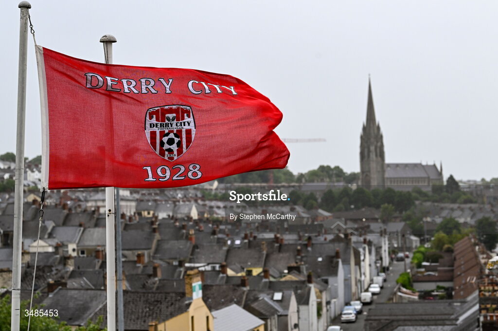 12 June 2026; A Derry City flag flies from Celtic Park before the SSE Airtricity Men’s Premier Division match between Derry City and Bohemians at Find Insurance Celtic Park in Derry. Photo by Stephen McCarthy/Sportsfile