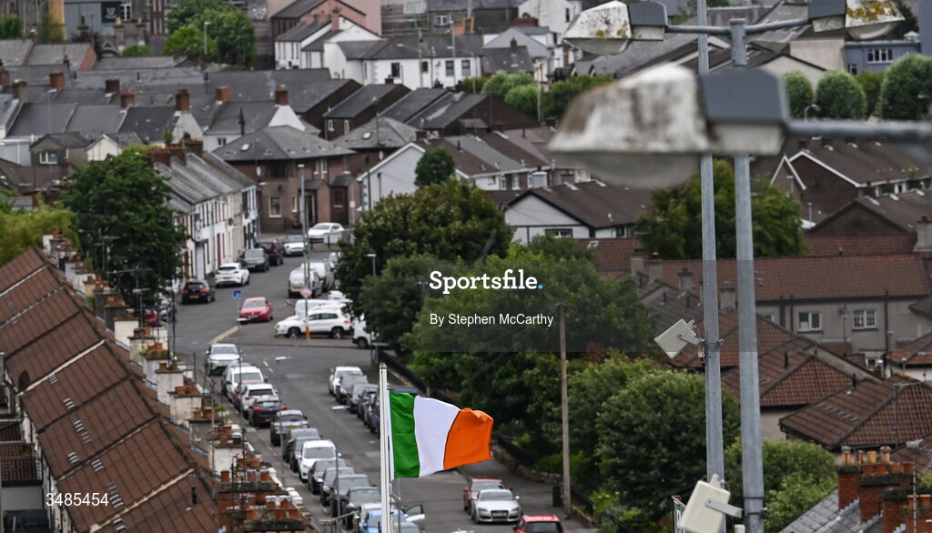 12 June 2026; The Irish tricolour flies from Celtic Park before the SSE Airtricity Men’s Premier Division match between Derry City and Bohemians at Find Insurance Celtic Park in Derry. Photo by Stephen McCarthy/Sportsfile