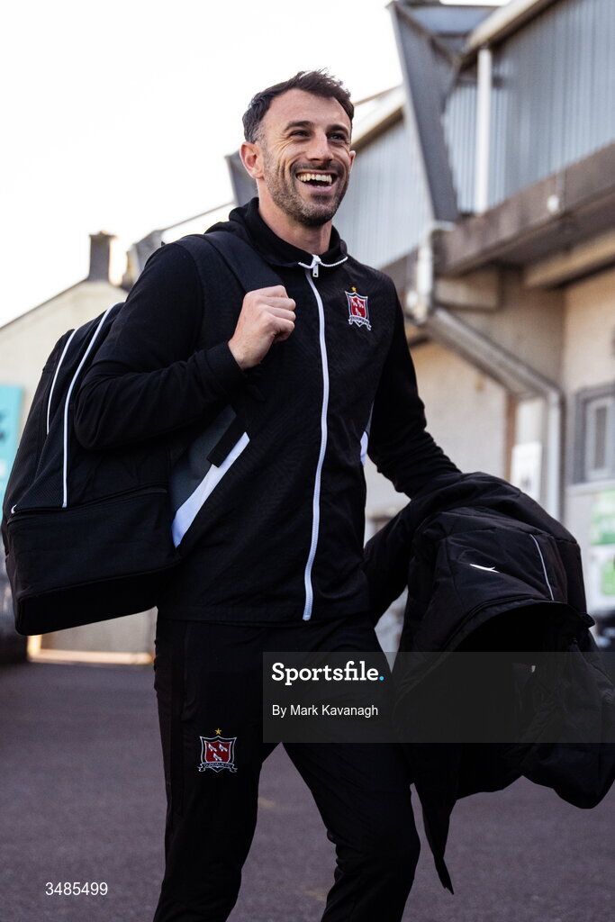 12 June 2026; Conor O'Keeffe of Dundalk arrives before the SSE Airtricity Men’s Premier Division match between Galway United and Dundalk at Turner's Cross Stadium in Cork. Photo by Mark Kavanagh/Sportsfile