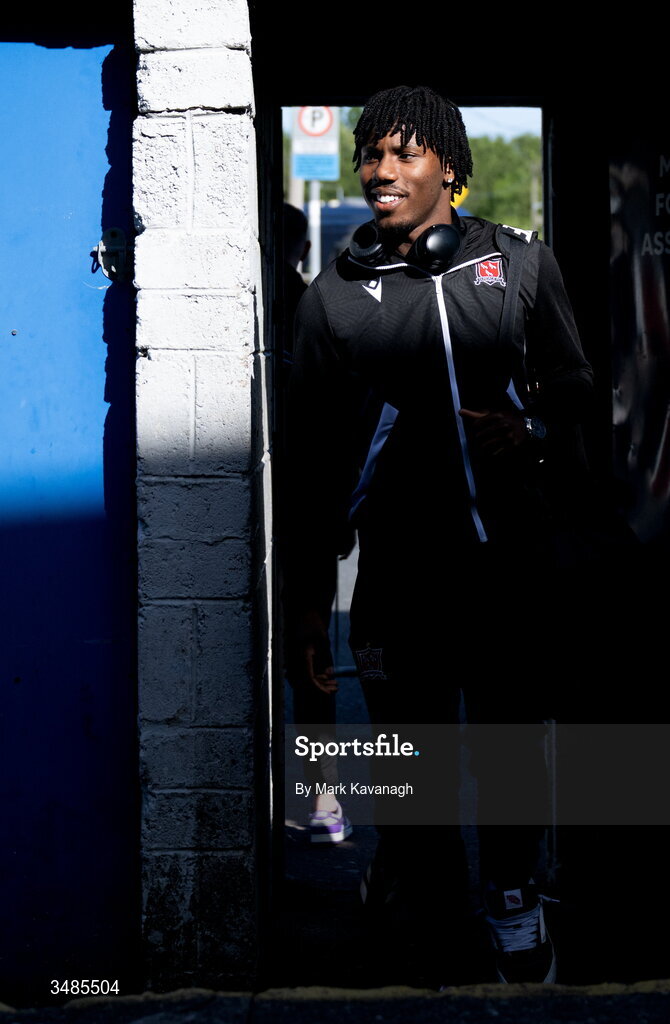 12 June 2026; Gbemi Arubi of Dundalk arrives before the SSE Airtricity Men’s Premier Division match between Galway United and Dundalk at Turner's Cross Stadium in Cork. Photo by Mark Kavanagh/Sportsfile