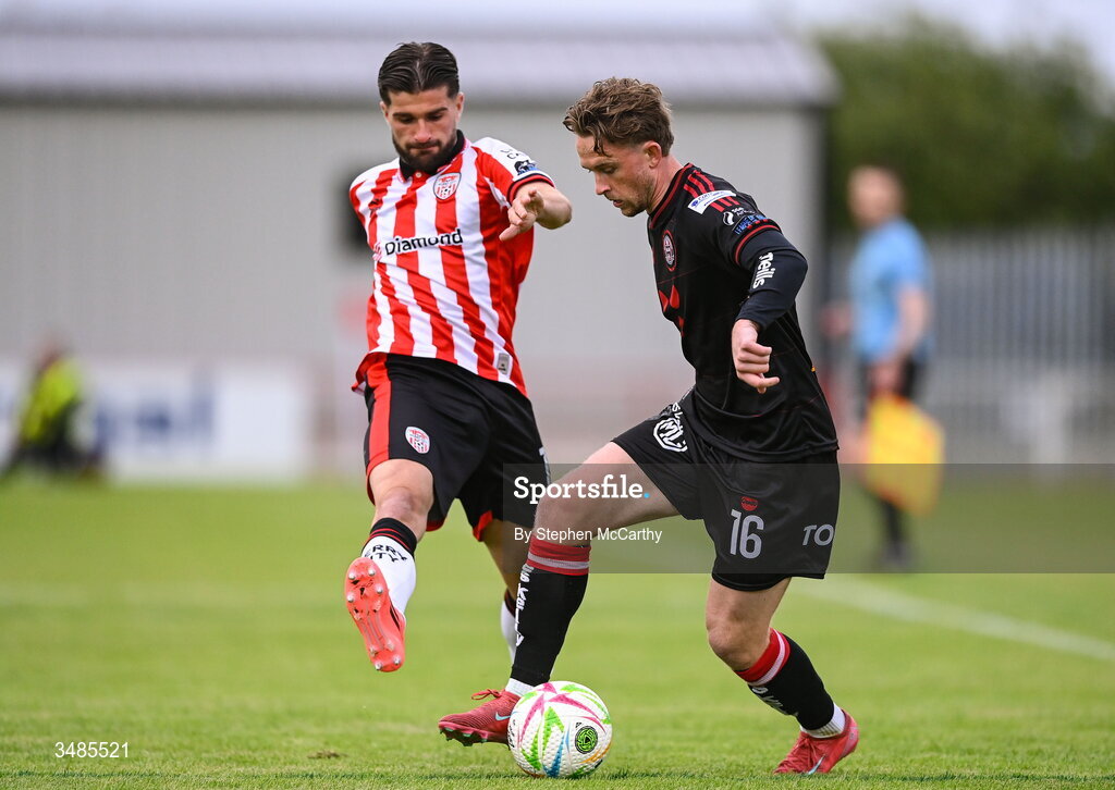 12 June 2026; Darragh Power of Bohemians in action against Brandon Fleming of Derry City during the SSE Airtricity Men’s Premier Division match between Derry City and Bohemians at Find Insurance Celtic Park in Derry. Photo by Stephen McCarthy/Sportsfile