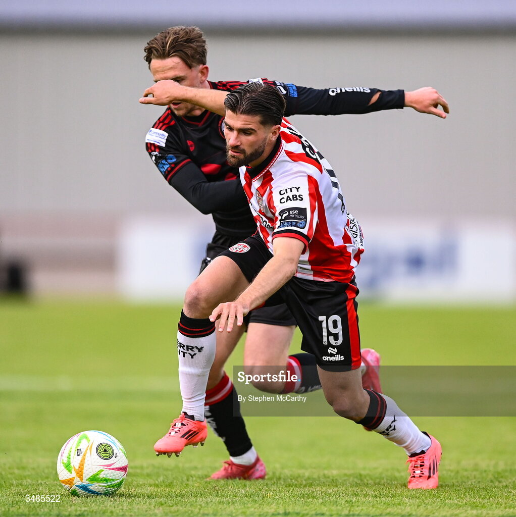 12 June 2026; Brandon Fleming of Derry City in action against Darragh Power of Bohemians during the SSE Airtricity Men’s Premier Division match between Derry City and Bohemians at Find Insurance Celtic Park in Derry. Photo by Stephen McCarthy/Sportsfile