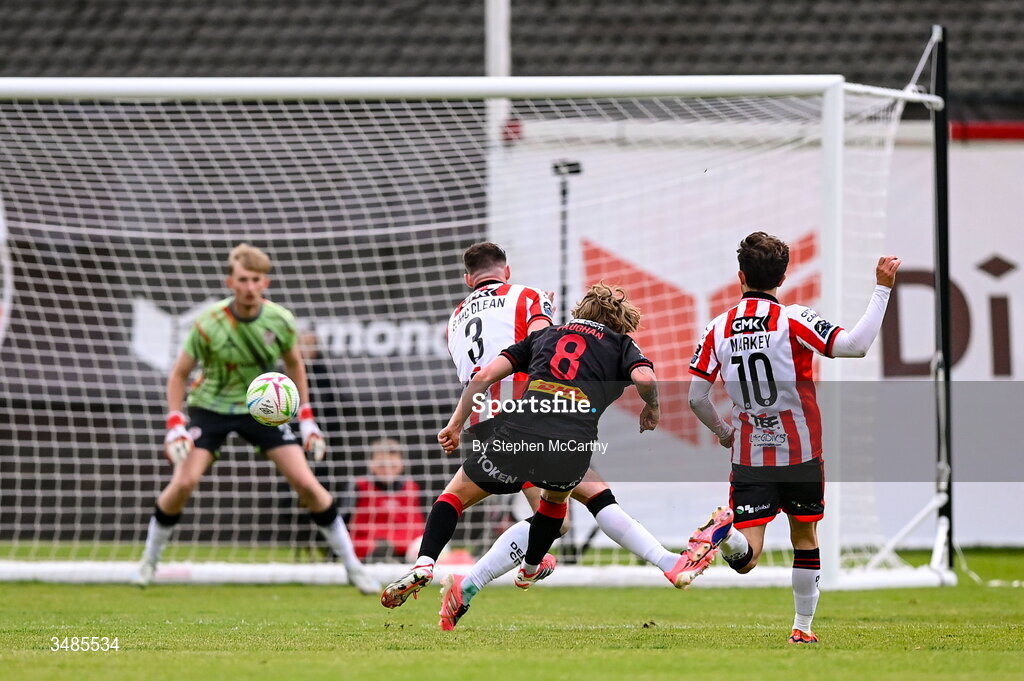12 June 2026; Harry Vaughan of Bohemians scores his side's first goal past Derry City goalkeeper Eddie Beach during the SSE Airtricity Men’s Premier Division match between Derry City and Bohemians at Find Insurance Celtic Park in Derry. Photo by Stephen McCarthy/Sportsfile