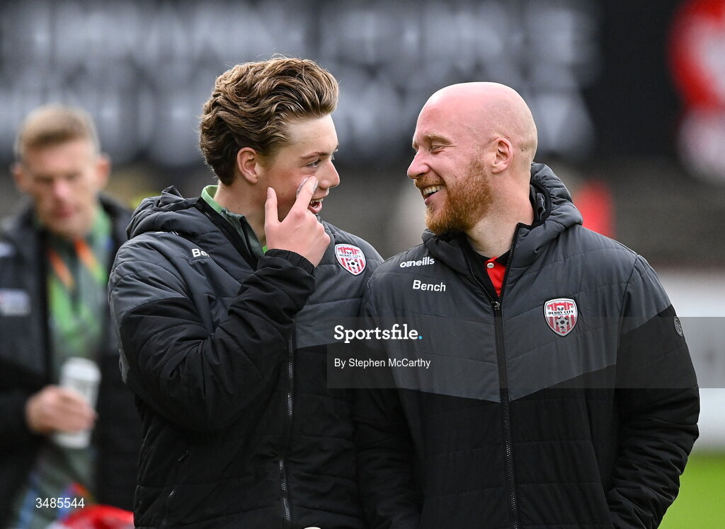 12 June 2026; Shea Callister and Liam Boyce of Derry City before the SSE Airtricity Men’s Premier Division match between Derry City and Bohemians at Find Insurance Celtic Park in Derry. Photo by Stephen McCarthy/Sportsfile