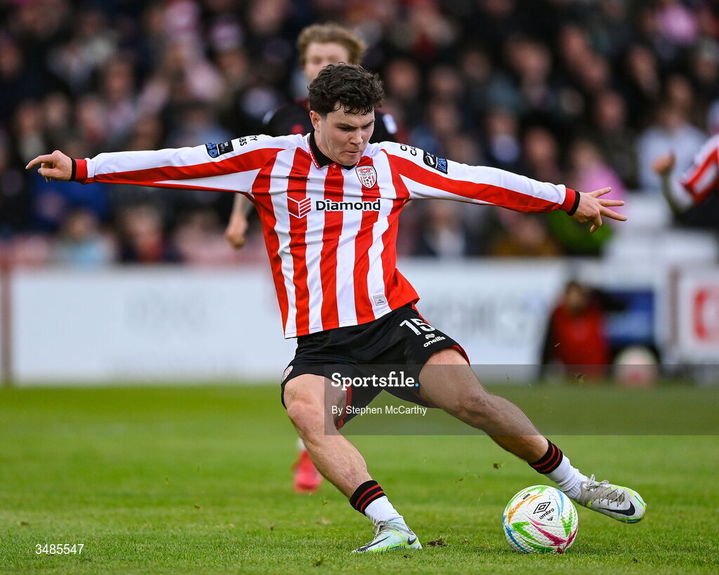 12 June 2026; James Clarke of Derry City scores his side's first goal during the SSE Airtricity Men’s Premier Division match between Derry City and Bohemians at Find Insurance Celtic Park in Derry. Photo by Stephen McCarthy/Sportsfile