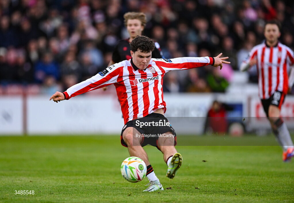 12 June 2026; James Clarke of Derry City scores his side's first goal during the SSE Airtricity Men’s Premier Division match between Derry City and Bohemians at Find Insurance Celtic Park in Derry. Photo by Stephen McCarthy/Sportsfile