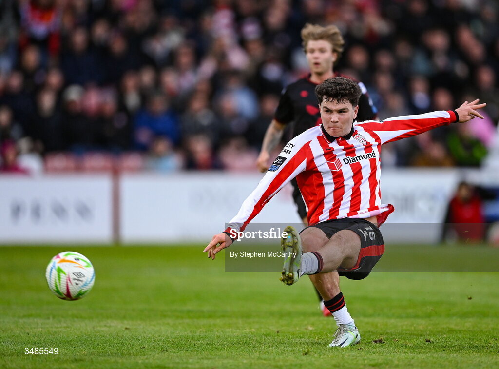 12 June 2026; James Clarke of Derry City scores his side's first goal during the SSE Airtricity Men’s Premier Division match between Derry City and Bohemians at Find Insurance Celtic Park in Derry. Photo by Stephen McCarthy/Sportsfile
