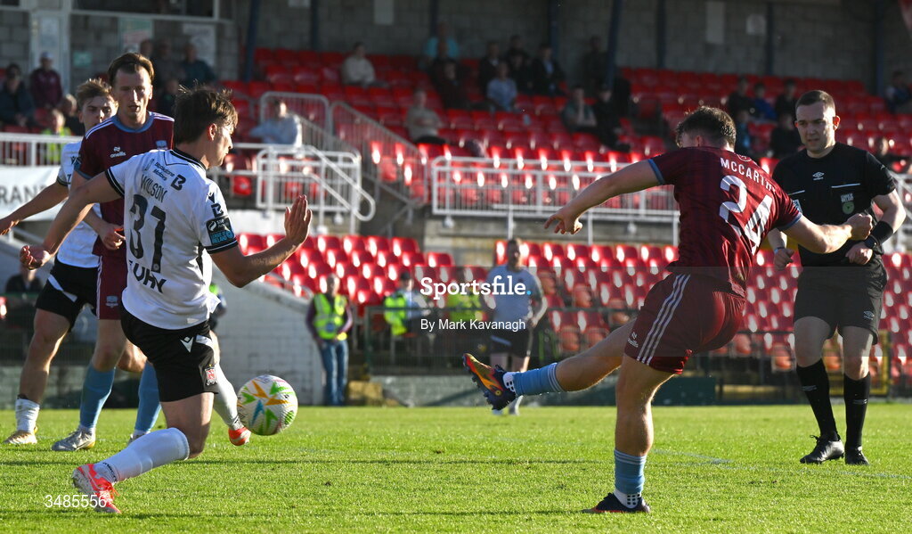 12 June 2026; Edward McCarthy of Galway United has a shot on goal blocked by John Ross Wilson of Dundalk during the SSE Airtricity Men’s Premier Division match between Galway United and Dundalk at Turner's Cross Stadium in Cork. Photo by Mark Kavanagh/Sportsfile