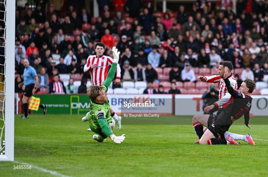12 June 2026; Bohemians goalkeeper Paul Walters saves from Michael Duffy of Derry City during the SSE Airtricity Men’s Premier Division match between Derry City and Bohemians at Find Insurance Celtic Park in Derry. Photo by Stephen McCarthy/Sportsfile