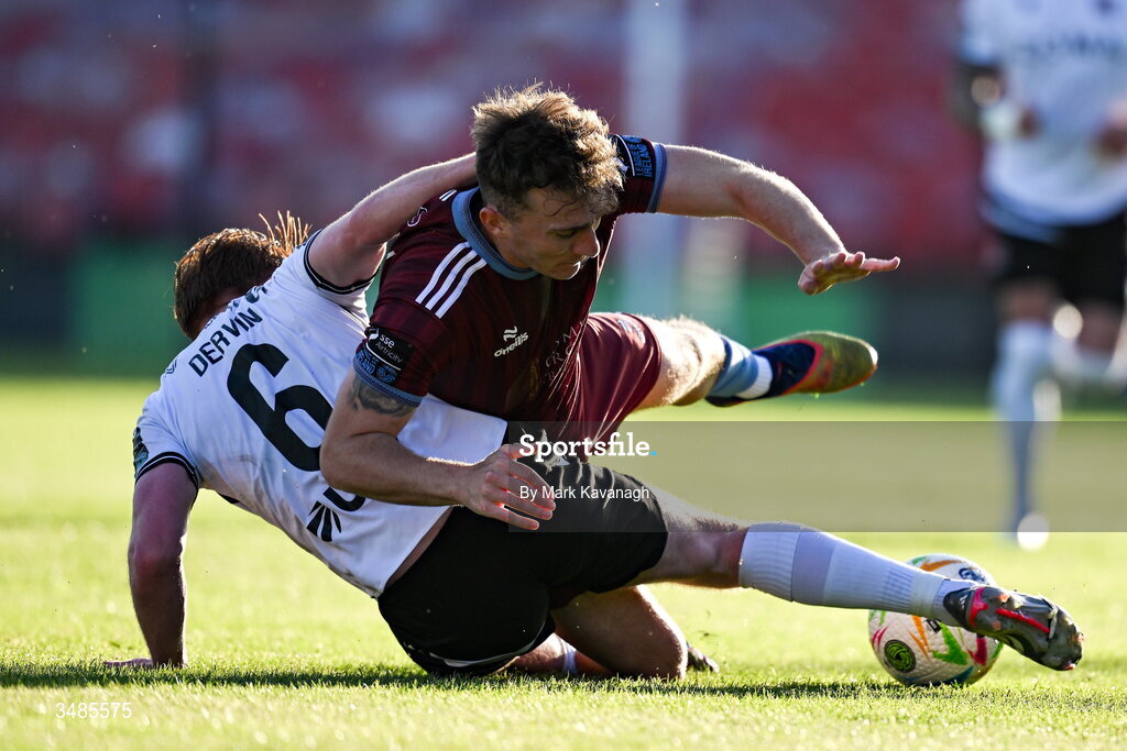 12 June 2026; Edward McCarthy of Galway United is tackled by Aodh Dervin of Dundalk during the SSE Airtricity Men’s Premier Division match between Galway United and Dundalk at Turner's Cross Stadium in Cork. Photo by Mark Kavanagh/Sportsfile