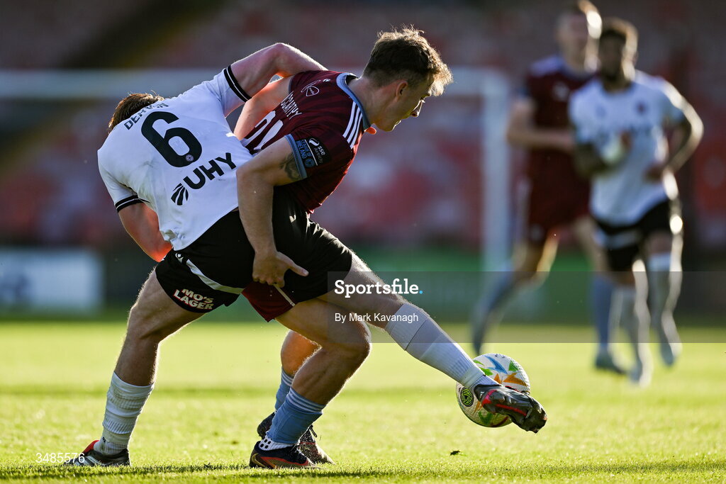 12 June 2026; Edward McCarthy of Galway United is tackled by Aodh Dervin of Dundalk during the SSE Airtricity Men’s Premier Division match between Galway United and Dundalk at Turner's Cross Stadium in Cork. Photo by Mark Kavanagh/Sportsfile