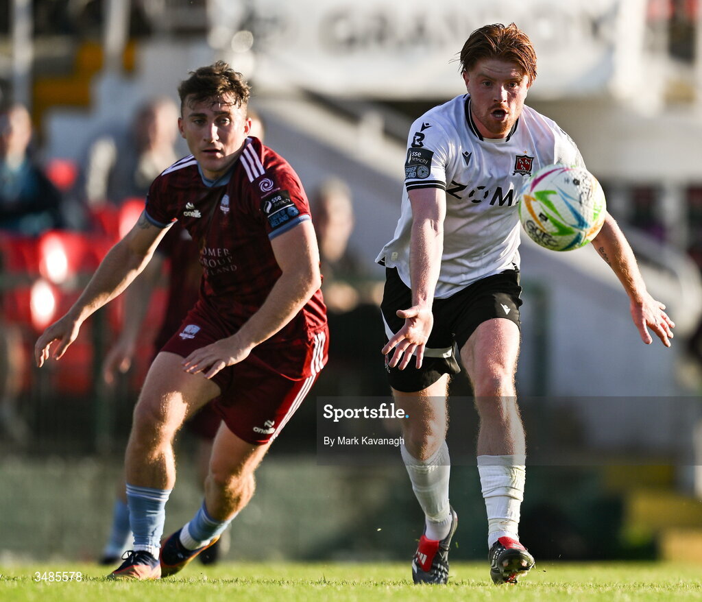 12 June 2026; Aodh Dervin of Dundalk in action against Edward McCarthy of Galway United during the SSE Airtricity Men’s Premier Division match between Galway United and Dundalk at Turner's Cross Stadium in Cork. Photo by Mark Kavanagh/Sportsfile