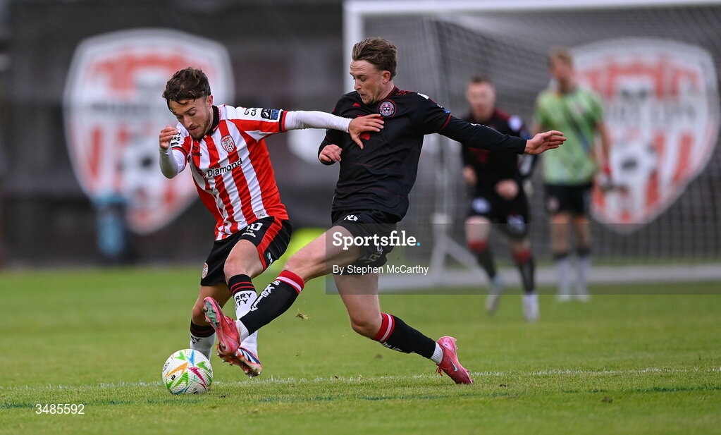 12 June 2026; Darragh Markey of Derry City is tackled by Darragh Power of Bohemians during the SSE Airtricity Men’s Premier Division match between Derry City and Bohemians at Find Insurance Celtic Park in Derry. Photo by Stephen McCarthy/Sportsfile