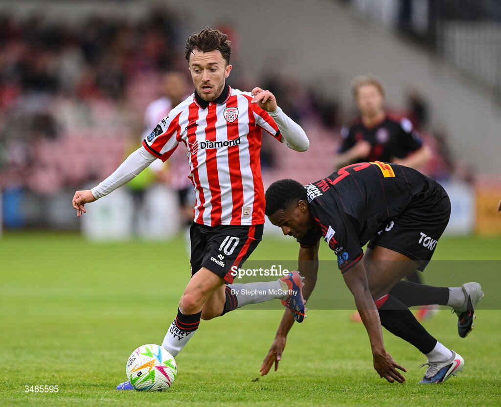 12 June 2026; Darragh Markey of Derry City in action against Sadou Diallo of Bohemians during the SSE Airtricity Men’s Premier Division match between Derry City and Bohemians at Find Insurance Celtic Park in Derry. Photo by Stephen McCarthy/Sportsfile