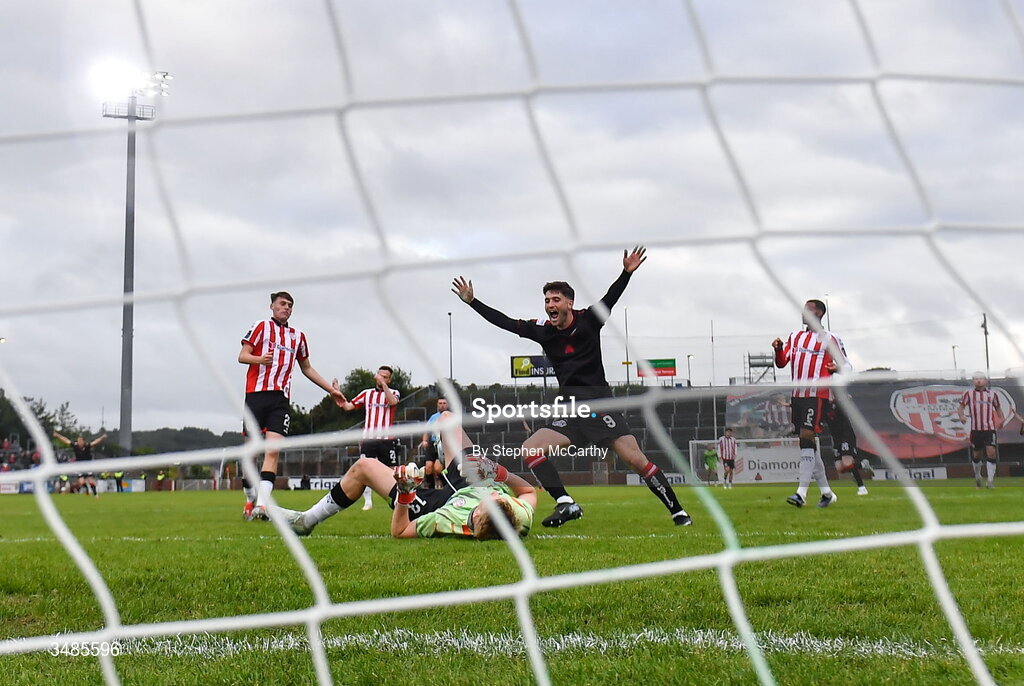 12 June 2026; Colm Whelan of Bohemians celebrates his side's first goal, scored by team-mate Harry Vaughan, not pictured, past Derry City goalkeeper Eddie Beach during the SSE Airtricity Men’s Premier Division match between Derry City and Bohemians at Find Insurance Celtic Park in Derry. Photo by Stephen McCarthy/Sportsfile