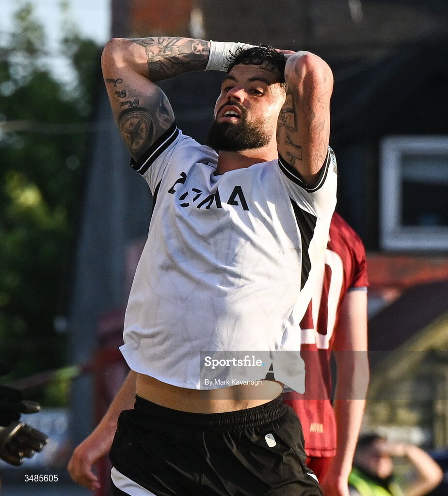 12 June 2026; Declan McDaid of Dundalk reacts to missed chance on goal during the SSE Airtricity Men’s Premier Division match between Galway United and Dundalk at Turner's Cross Stadium in Cork. Photo by Mark Kavanagh/Sportsfile