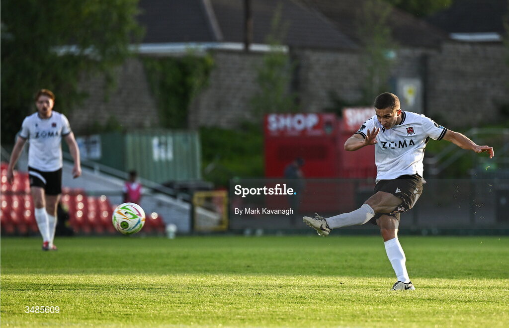 12 June 2026; Tyreke Wilson of Dundalk has a shot on goal during the SSE Airtricity Men’s Premier Division match between Galway United and Dundalk at Turner's Cross Stadium in Cork. Photo by Mark Kavanagh/Sportsfile