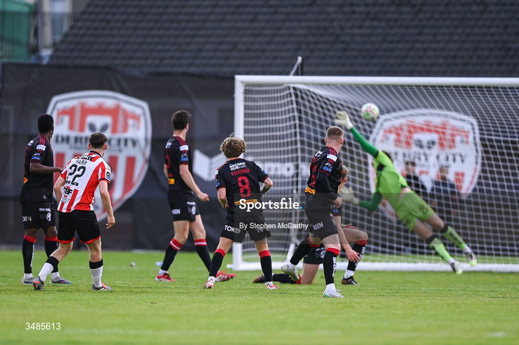 12 June 2026; Conor Barr of Derry City scores his side's second goal during the SSE Airtricity Men’s Premier Division match between Derry City and Bohemians at Find Insurance Celtic Park in Derry. Photo by Stephen McCarthy/Sportsfile