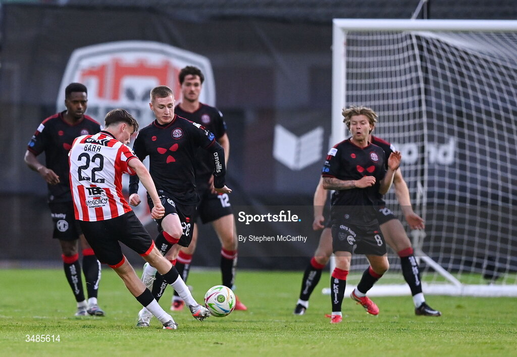 12 June 2026; Conor Barr of Derry City scores his side's second goal during the SSE Airtricity Men’s Premier Division match between Derry City and Bohemians at Find Insurance Celtic Park in Derry. Photo by Stephen McCarthy/Sportsfile