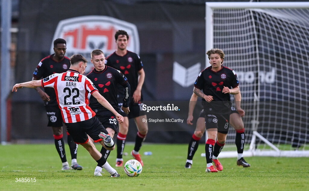 12 June 2026; Conor Barr of Derry City scores his side's second goal during the SSE Airtricity Men’s Premier Division match between Derry City and Bohemians at Find Insurance Celtic Park in Derry. Photo by Stephen McCarthy/Sportsfile