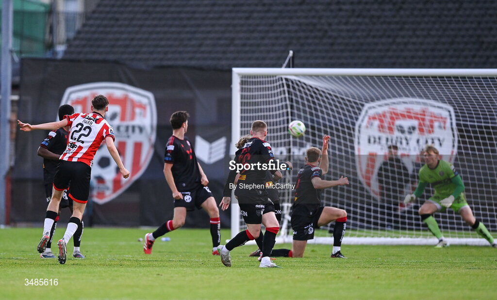 12 June 2026; Conor Barr of Derry City scores his side's second goal during the SSE Airtricity Men’s Premier Division match between Derry City and Bohemians at Find Insurance Celtic Park in Derry. Photo by Stephen McCarthy/Sportsfile