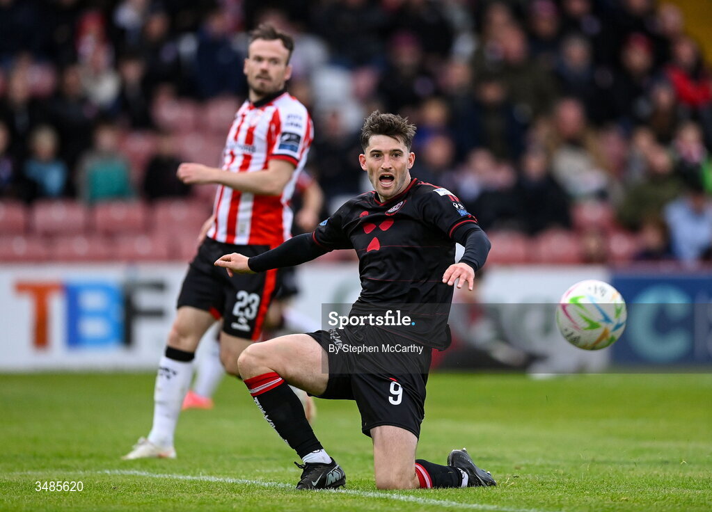 12 June 2026; Colm Whelan of Bohemians reacts to a missed opportunity on goal during the SSE Airtricity Men’s Premier Division match between Derry City and Bohemians at Find Insurance Celtic Park in Derry. Photo by Stephen McCarthy/Sportsfile